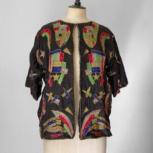 80s VTG Boho Beaded Evening Bolero Jacket Abstract Embroidered Rayon India S